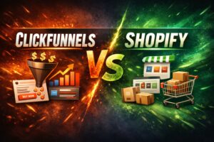 A visual comparison of the features of ClickFunnels and Shopify.