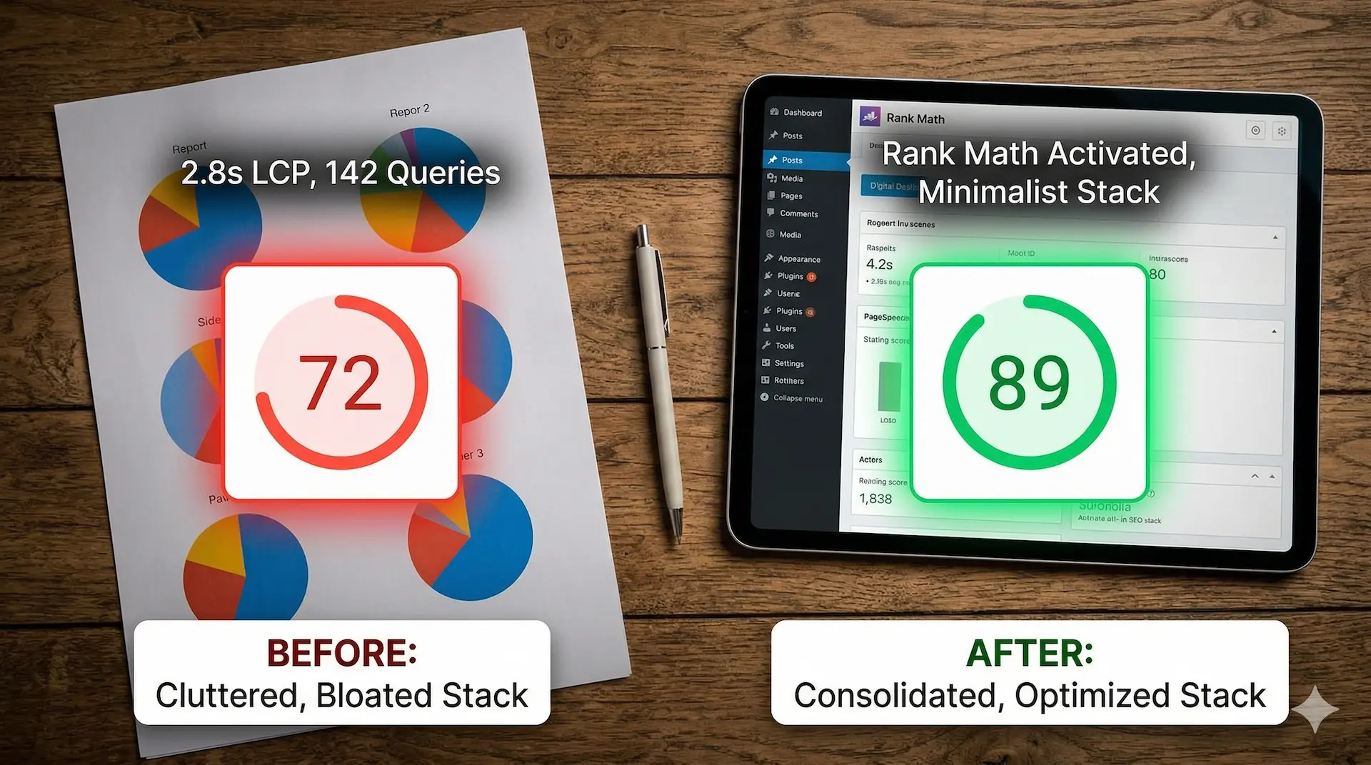 Google PageSpeed Insights mobile score comparison before and after replacing SEO plugins with Rank Math