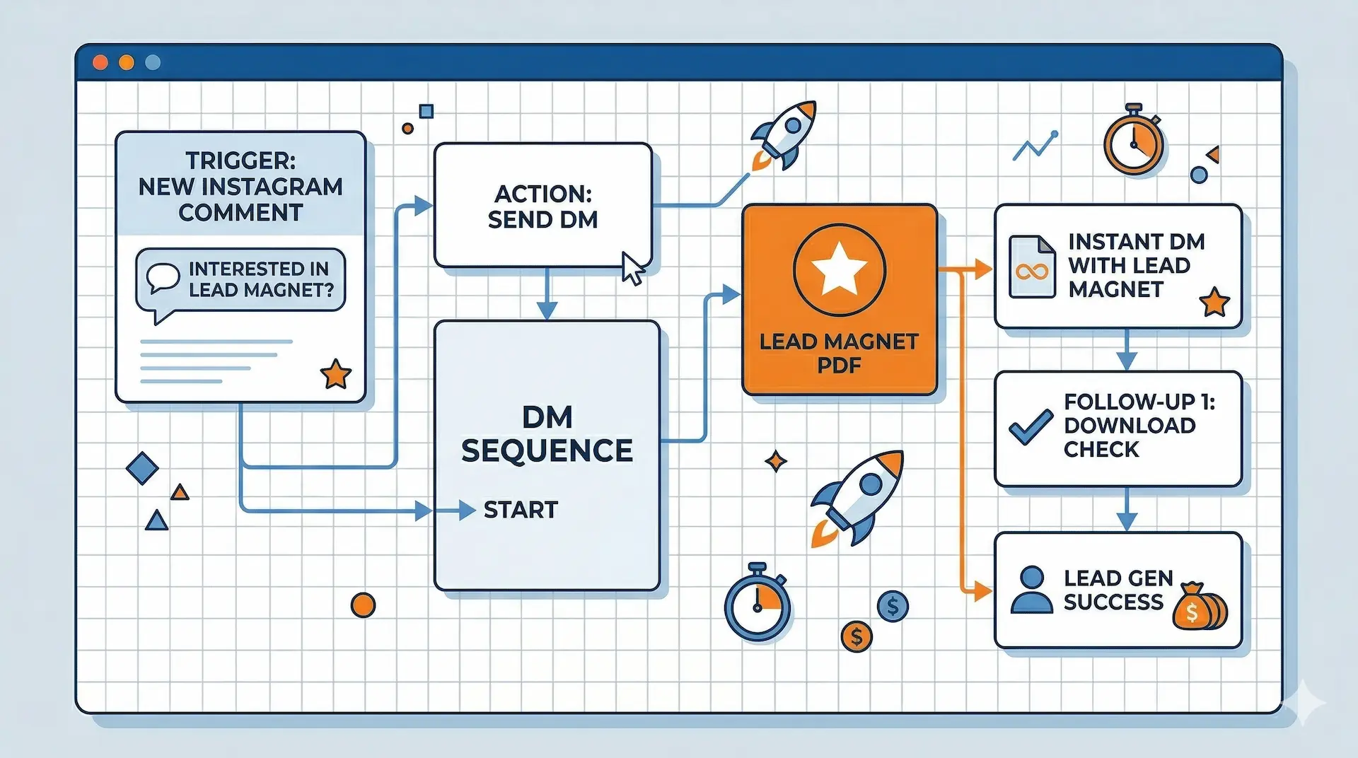 ManyChat visual flow builder displaying a complete comment-to-DM automation sequence with message nodes, conditions, and lead magnet delivery steps