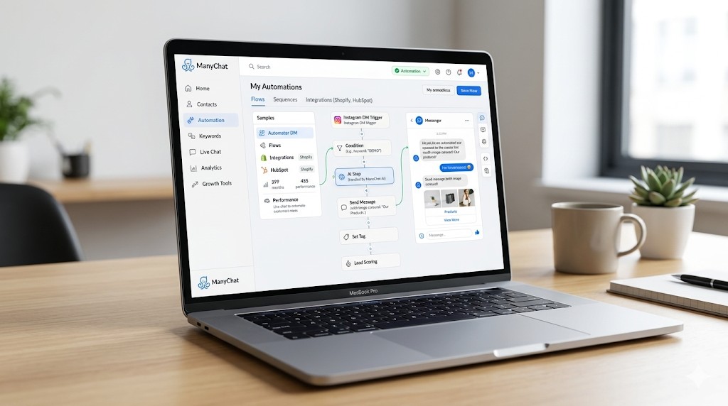 A laptop displaying the ManyChat interface with an overview of chatbot functionalities and automation flows.