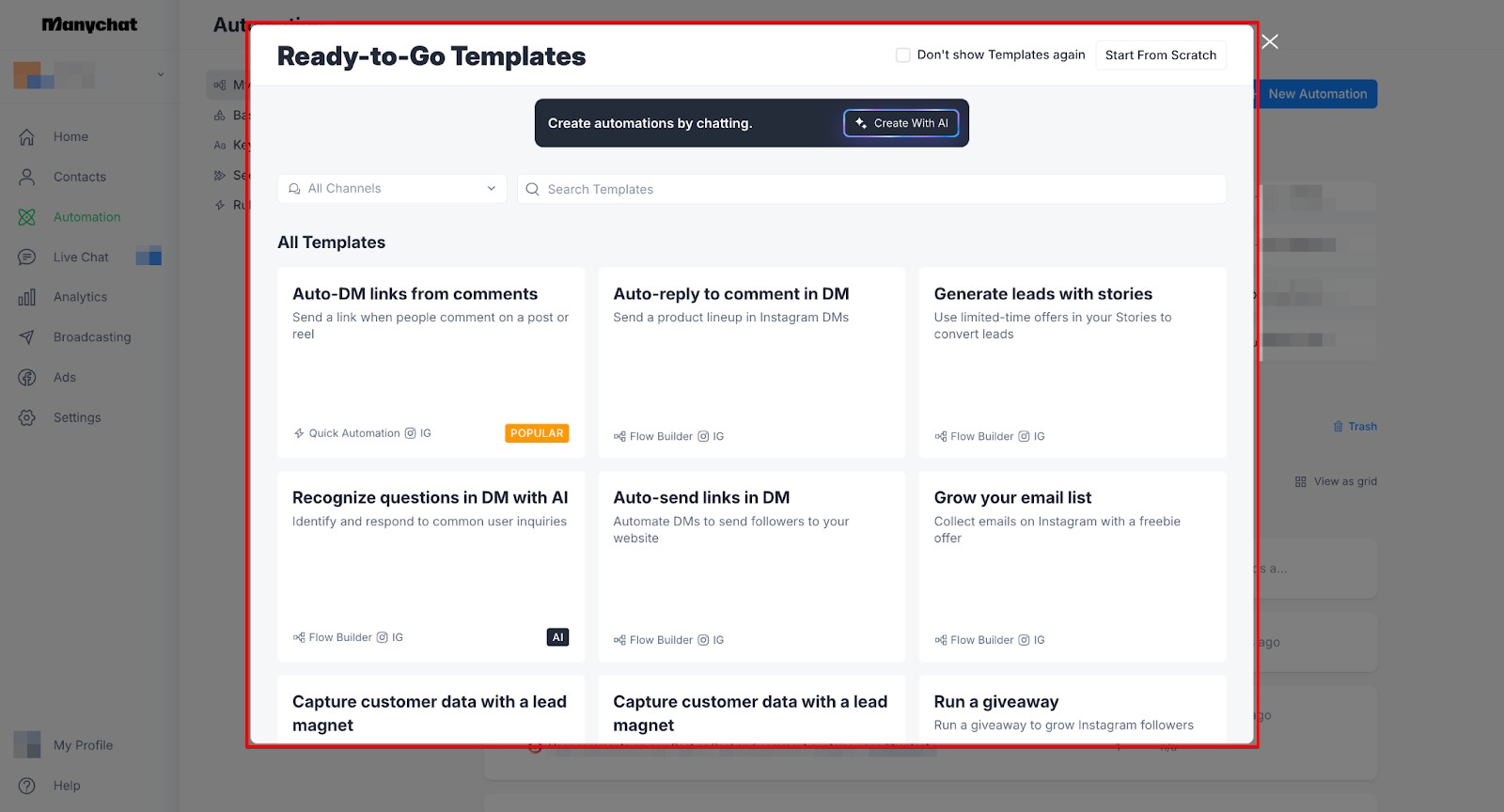 ManyChat pre-built automation templates library with ready-to-use chatbot flows for Instagram and WhatsApp