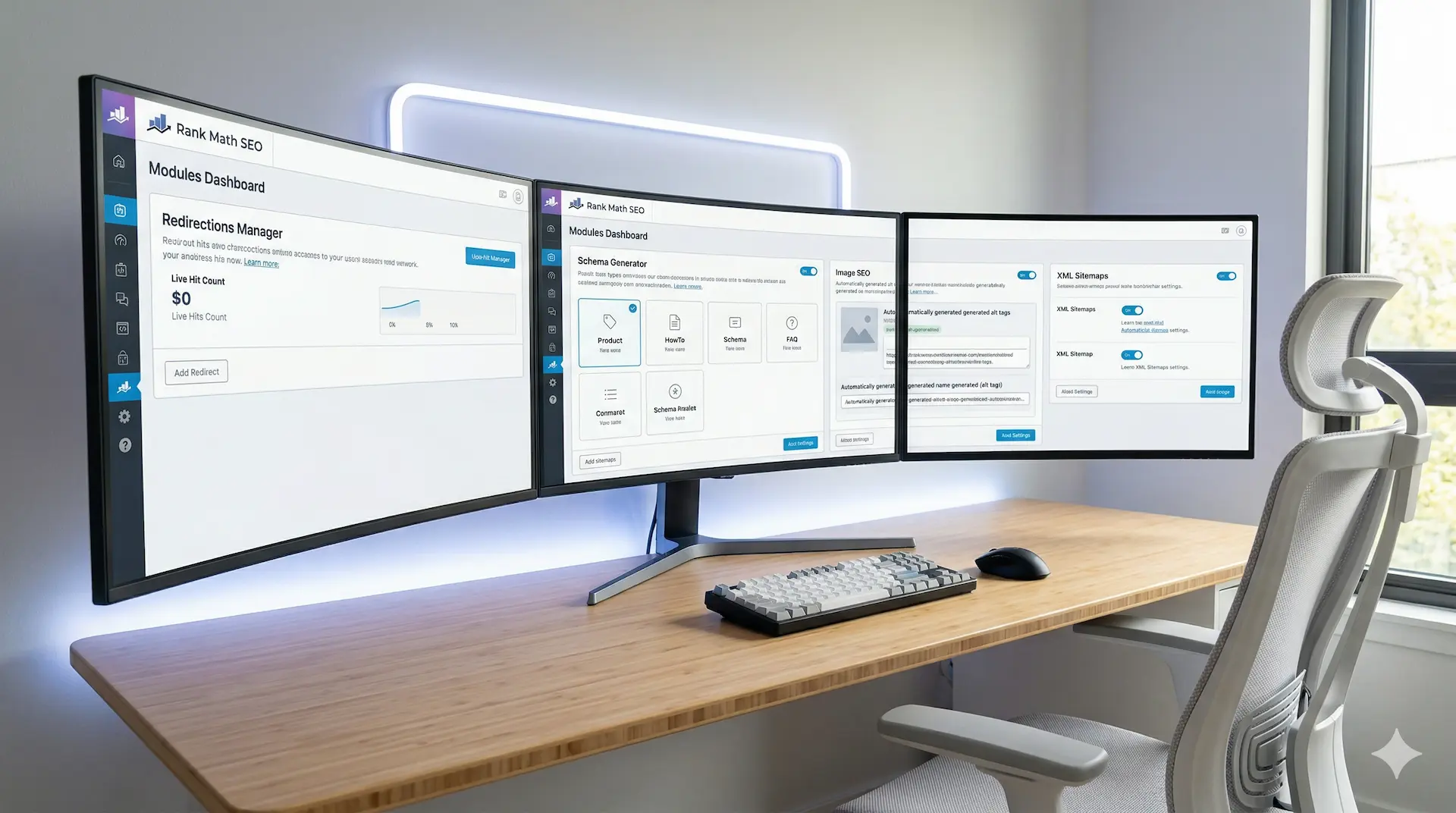 Rank Math all-in-one SEO modules dashboard showing Schema, Redirections, Sitemap and Image SEO modules