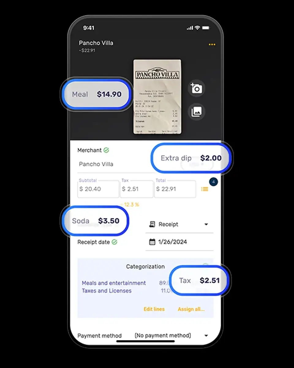SparkReceipt AI scanning a receipt and extracting merchant, date, total, and category data