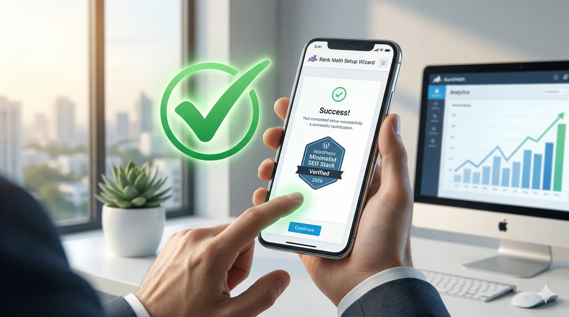 SaaS SEO success verification icon representing a streamlined WordPress SEO workflow with Rank Math