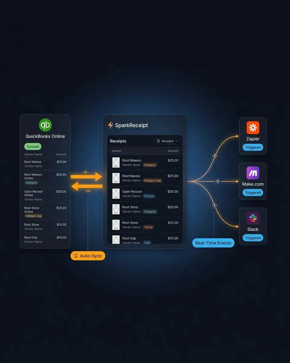 SparkReceipt integrations and expense reports showing categorized spending with export options