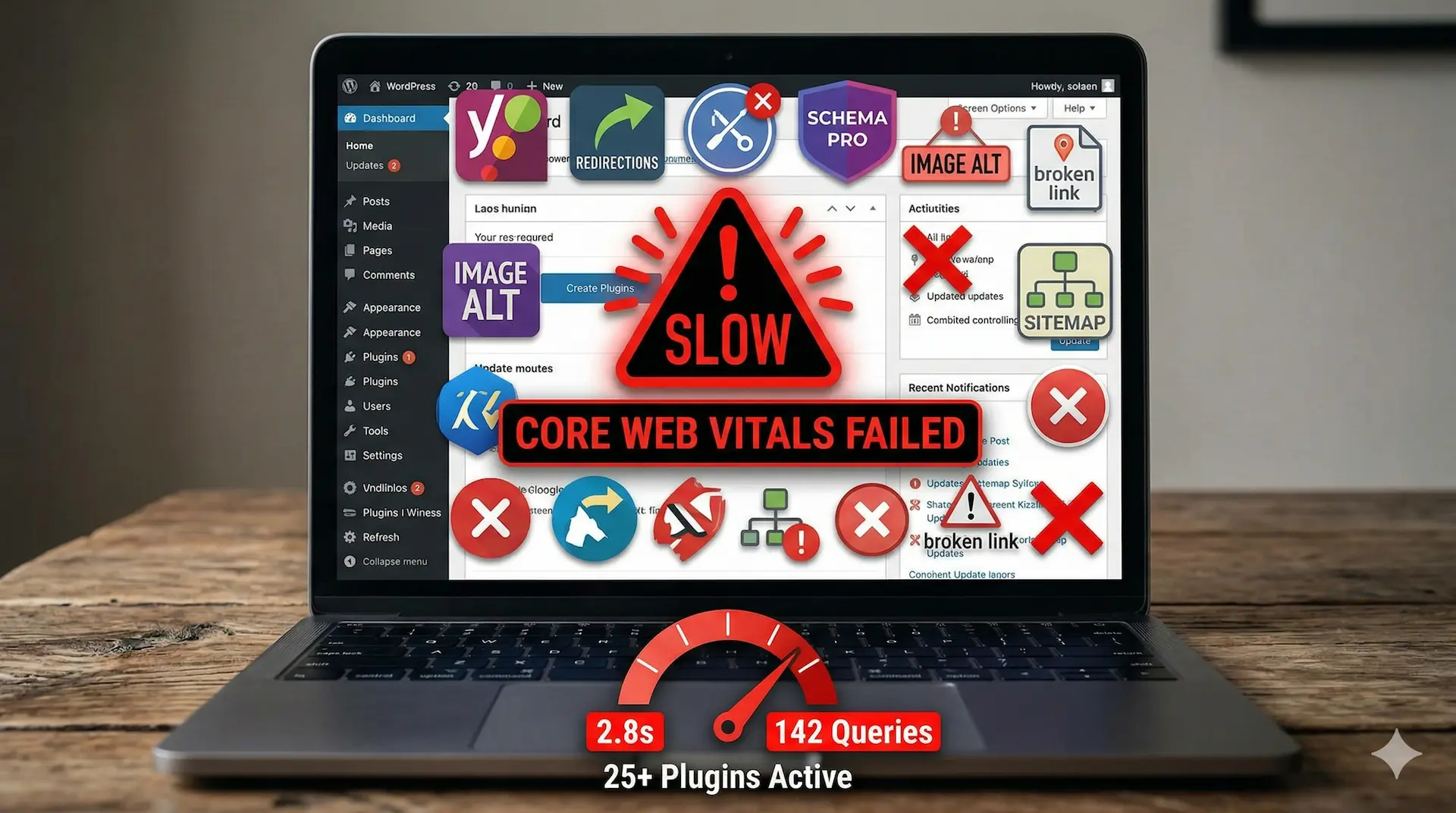 Diagram showing how WordPress plugin bloat causes site slowdowns with multiple conflicting SEO plugins